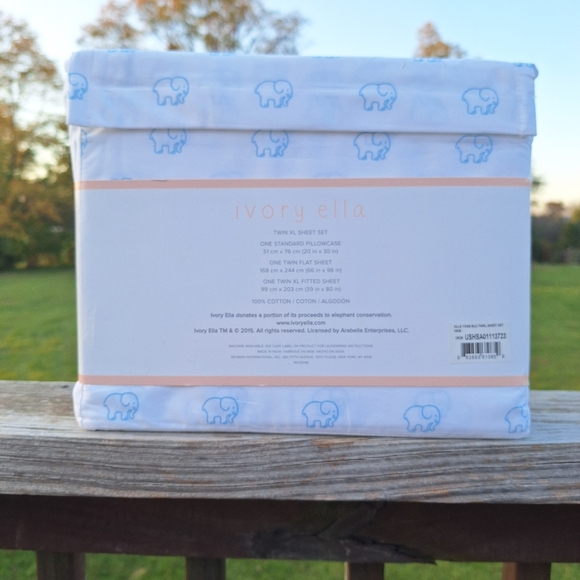 NEW Ivory Ella Twin XL Bed Sheets Save the Elephants Blue Print 100% Cotton RARE - Picture 4 of 6